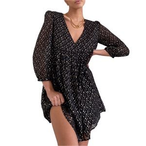 Sunday Best Jinx Babydoll Sheer Flowy Black & Gold Long Sleeve Mini Dress
